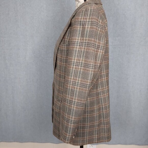 JH Collectibles | Vintage Plaid 100% Wool Blazer Lined Tan Blue | Size 10P - Picture 5 of 12